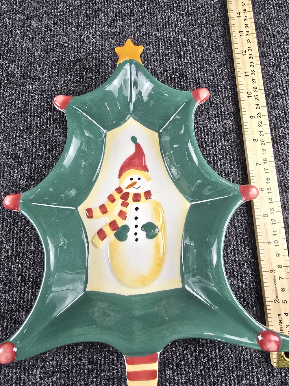Century Christmas Tree Snowman Serving Platter Ceramic Holiday Dish 13” Green